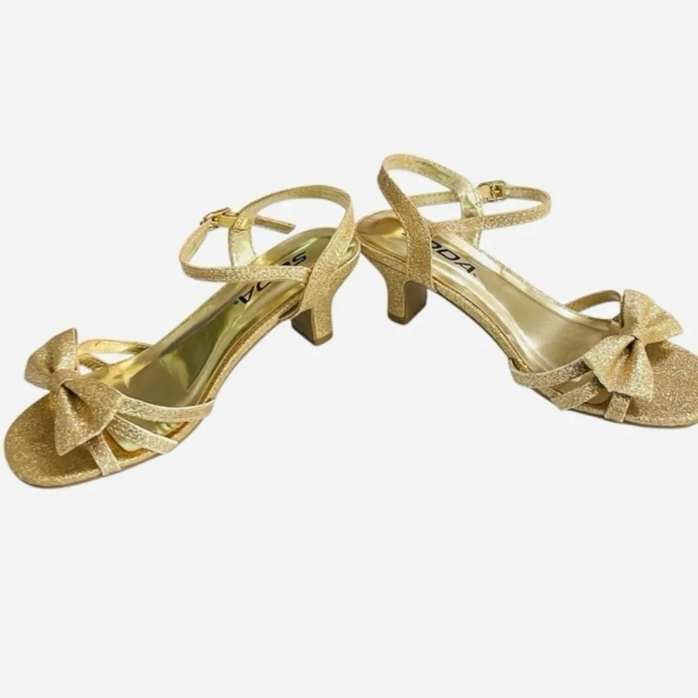 Soda Girl’s Gold Glitter Heel Sandals – Size 1 Big Kid – 2” Low Heel, Open Toe